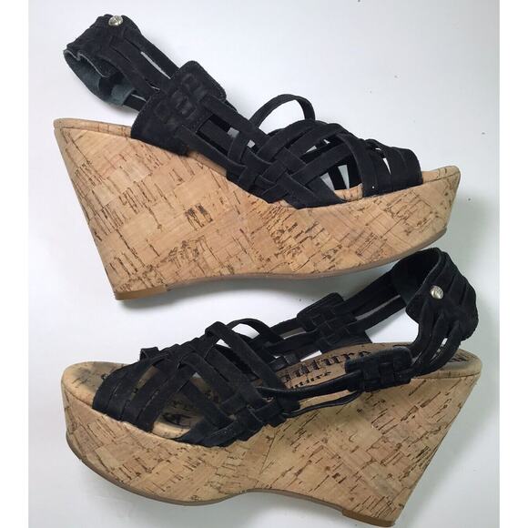 Juicy Couture Women's 6.5 Suede Cork Strappy Black Wedge Sandals Y2K Boho Retro - Picture 7 of 13
